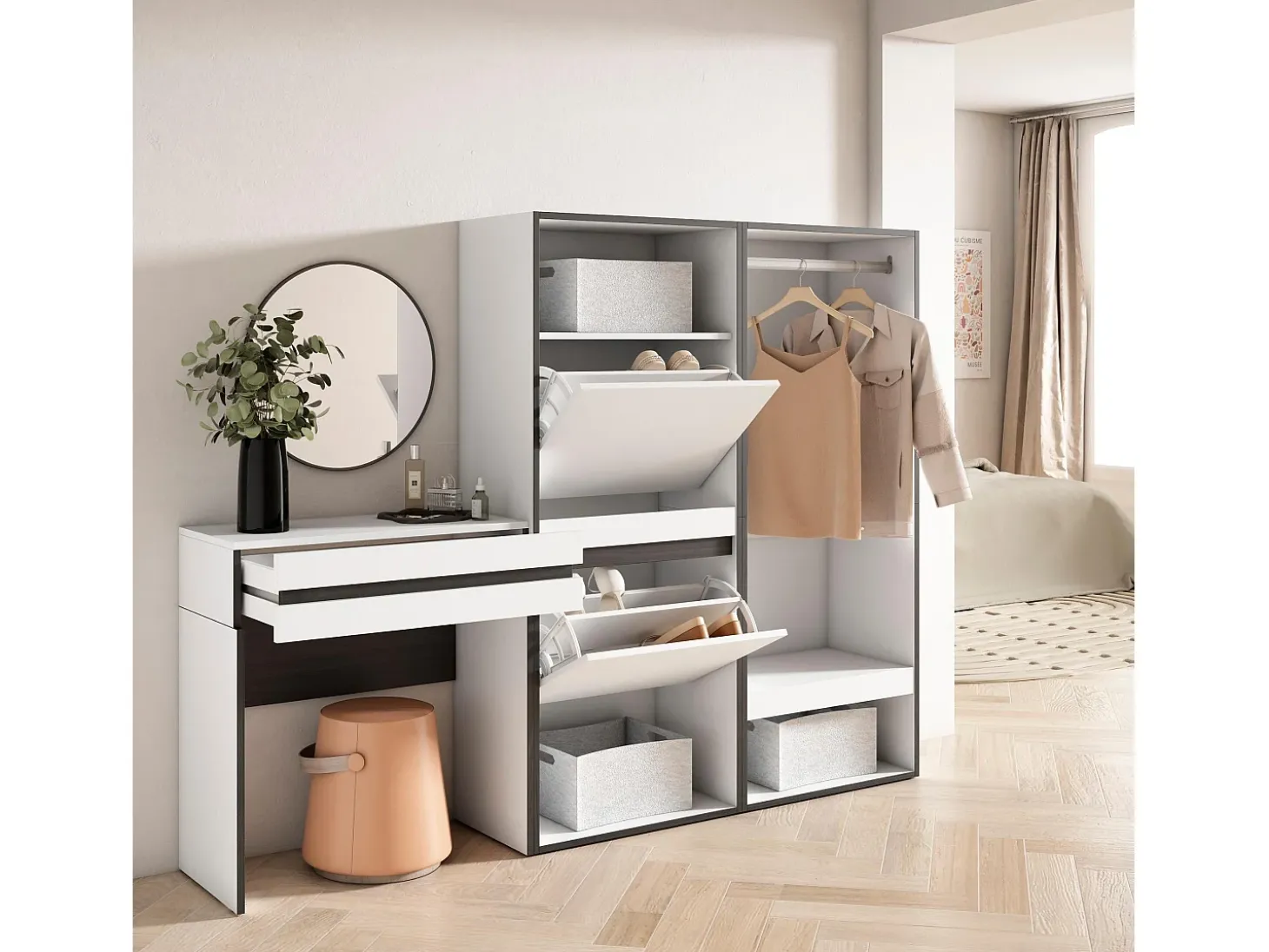 Consola entrada, 190x35x145cm, Recibidor, Zapatero, Vestidor abierto, Blanco