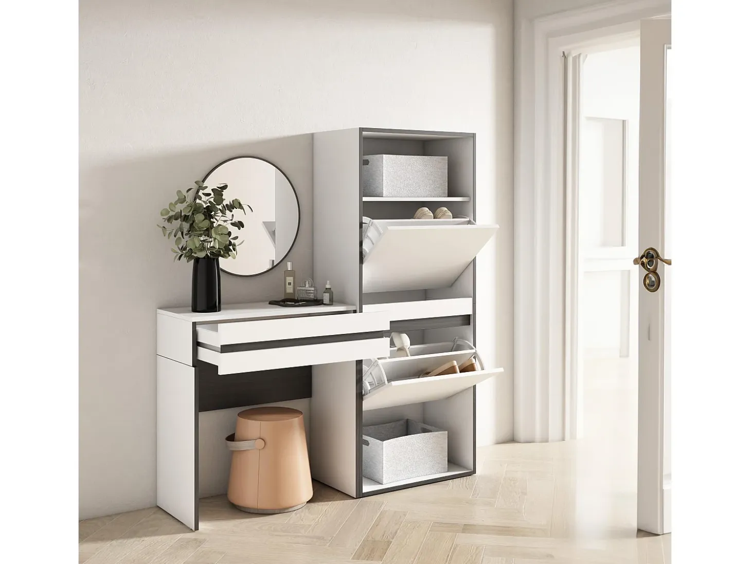 Consola entrada, 130x35x145cm, Recibidor, Zapatero, Blanco