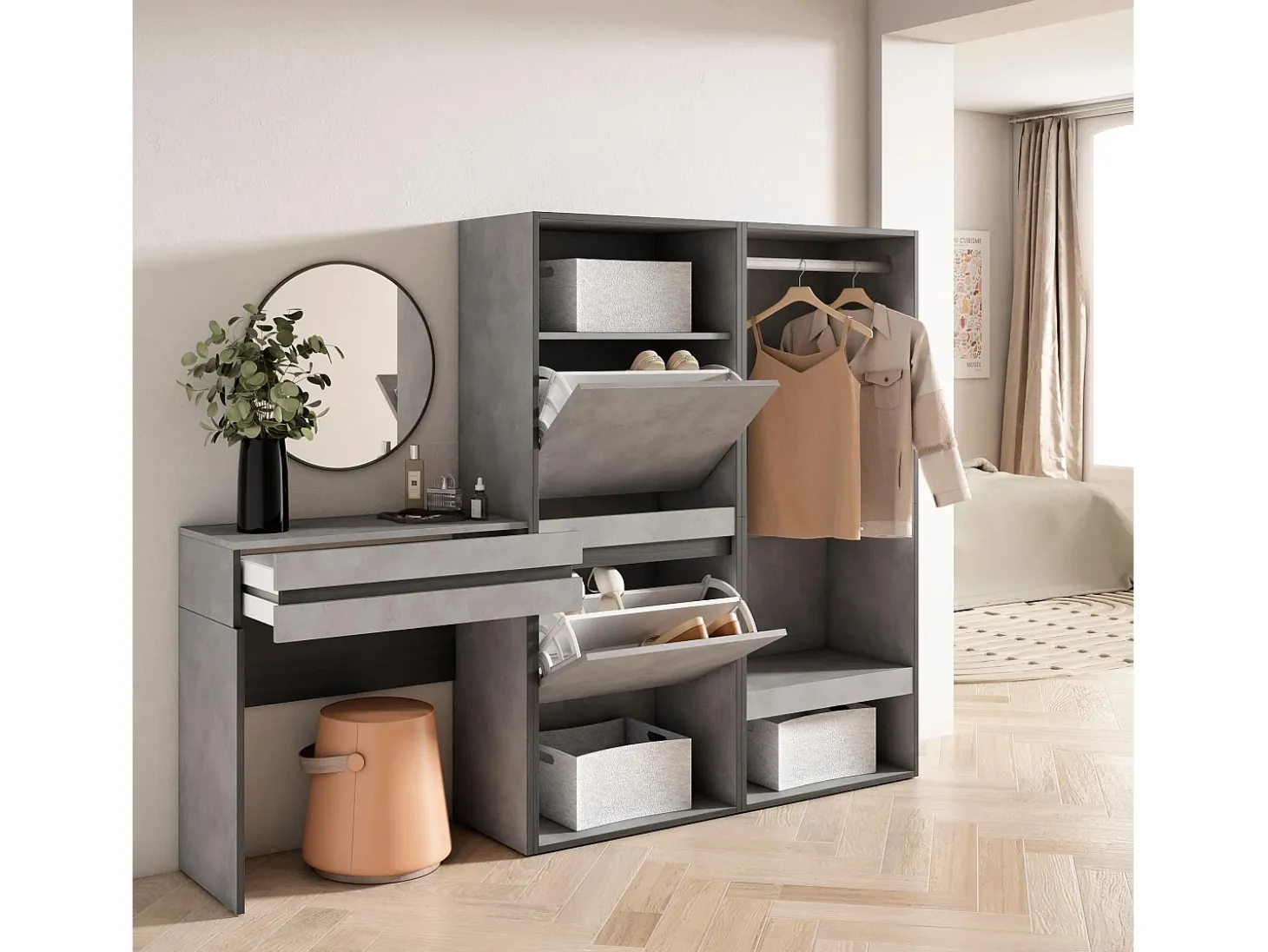 Consola entrada, 190x35x145cm, Recibidor, Zapatero, Vestidor abierto, Cemento