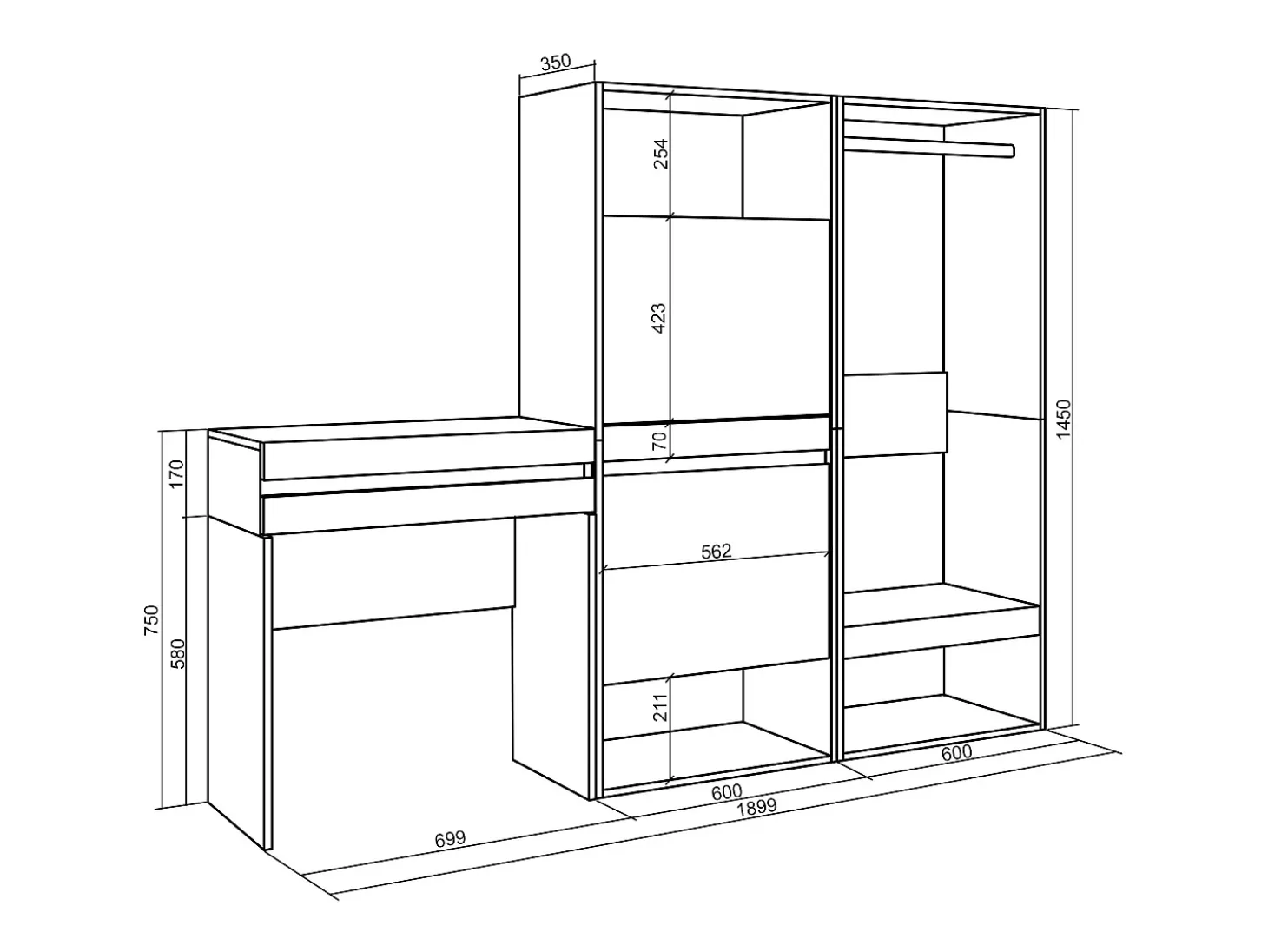 Consola entrada, 190x35x145cm, Recibidor, Zapatero, Vestidor abierto, Cemento