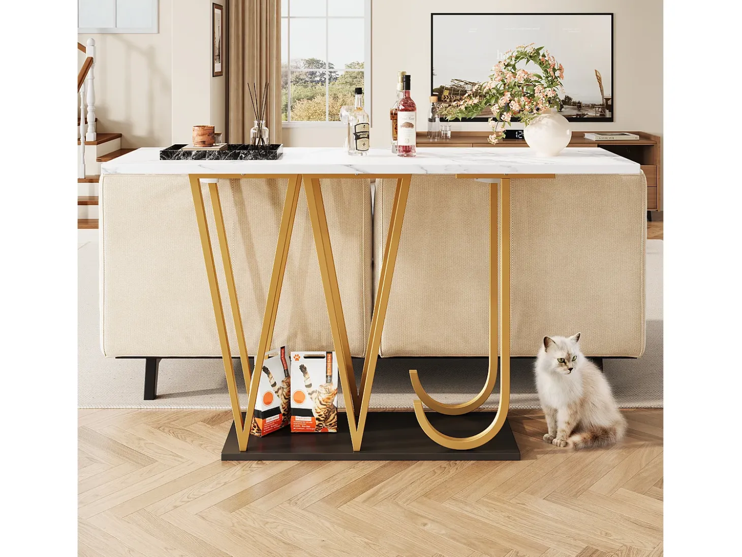 Consola estilo moderno 120x29,5x80 cm - para salón o pasillo - estructura y patas de metal - Blanco