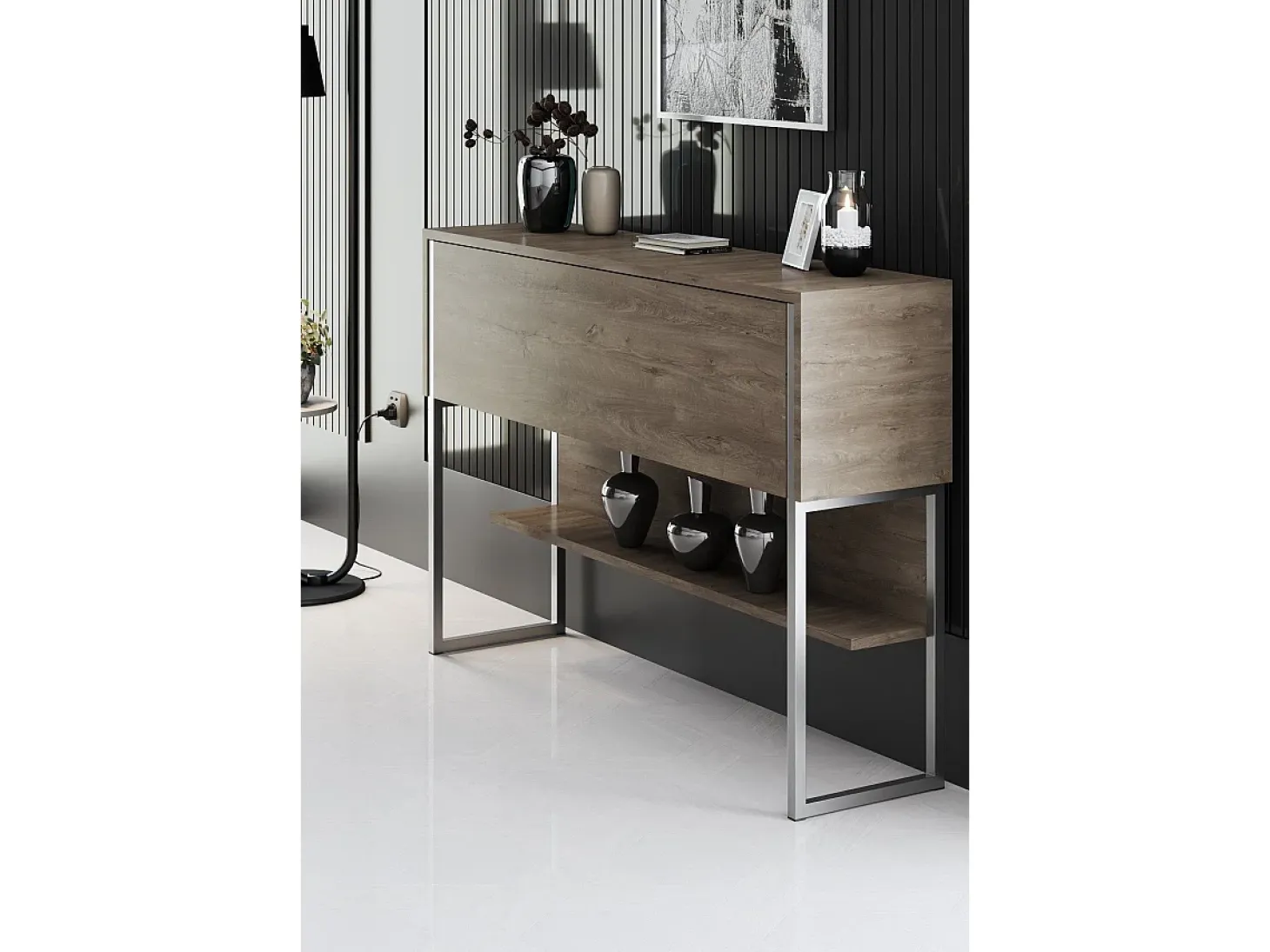 Consola Kailua Z120, Plata|Nogal, 80x120x30cm, Con puertas
