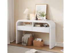 Consola mesa 120x35,5x76,5cm - con 2 cajones - Esquinas redondeadas - estantes abiertos - MDF - Blanco