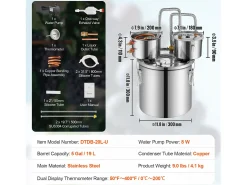 Destilador de Alcohol SucceBuy Destilador de Agua sin Gas Moonshine de 19 L con Barril Thumper y Bomba de Agua de 8 W