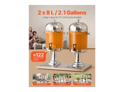 Dispensador de Bebidas SucceBuy, Capacidad 2x 8 L, Fuente de Agua de Acero Inoxidable y Plástico, Dispensador de Zumo, Limonada, Té Helado y Café