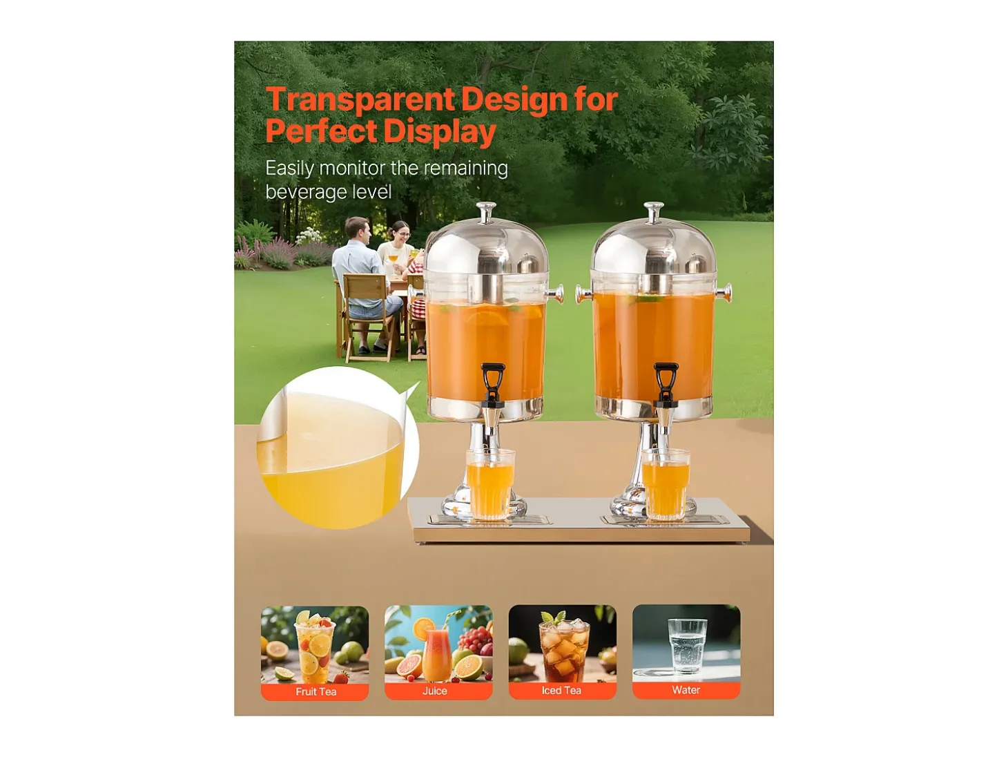 Dispensador de Bebidas SucceBuy, Capacidad 2x 8 L, Fuente de Agua de Acero Inoxidable y Plástico, Dispensador de Zumo, Limonada, Té Helado y Café