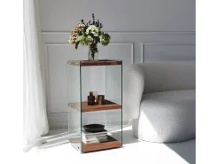 Elegante librería de madera maciza, 40 cm x 80 cm x 35 cm | Estantes de vidrio 100 % templado | Acabado natural | Almacenamiento con estilo