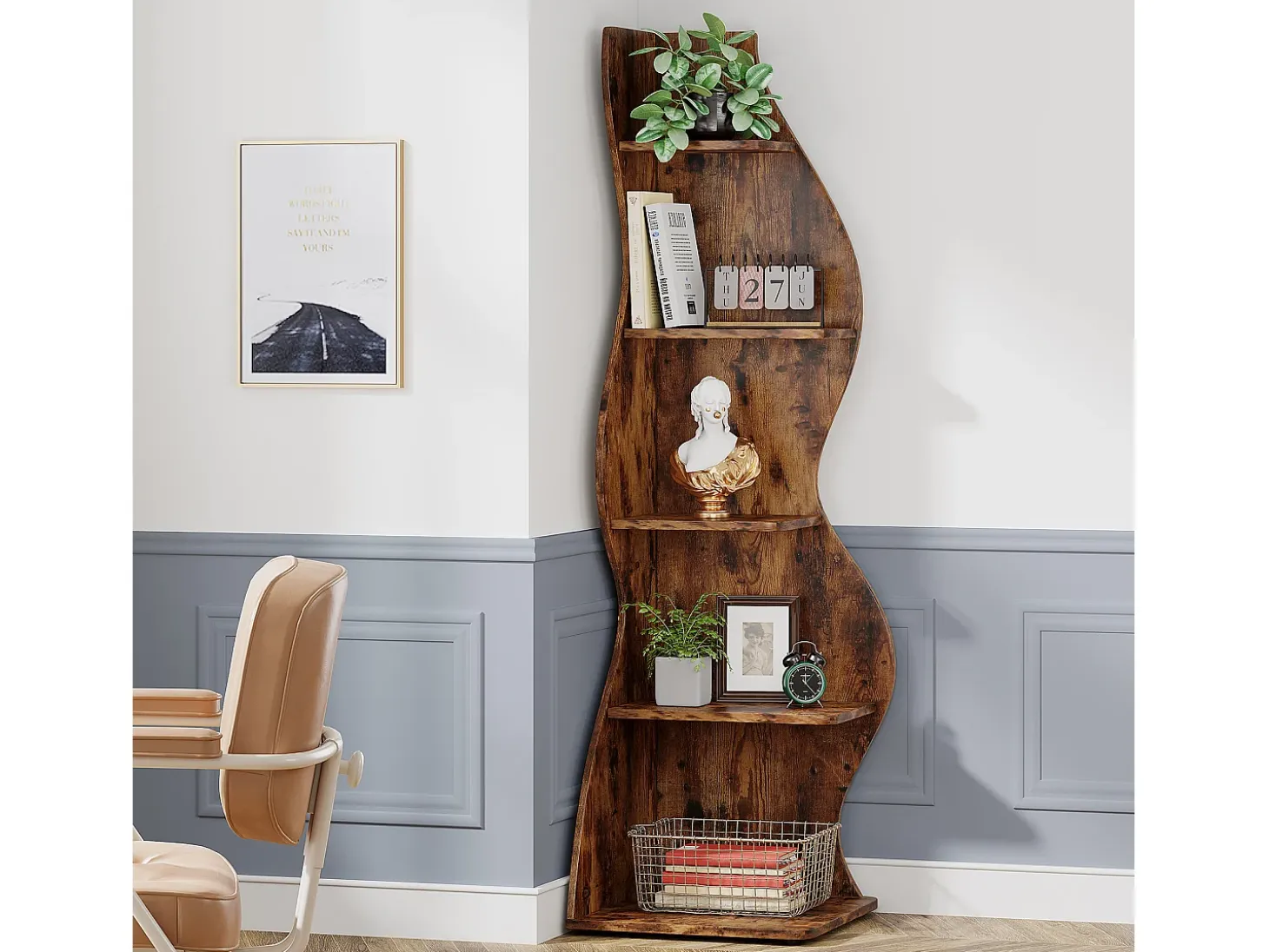Estante de esquina moderna de 5 niveles, pequeña biblioteca de esquina elegante, soporte para plantas y unidad de organización con forma única, marrón