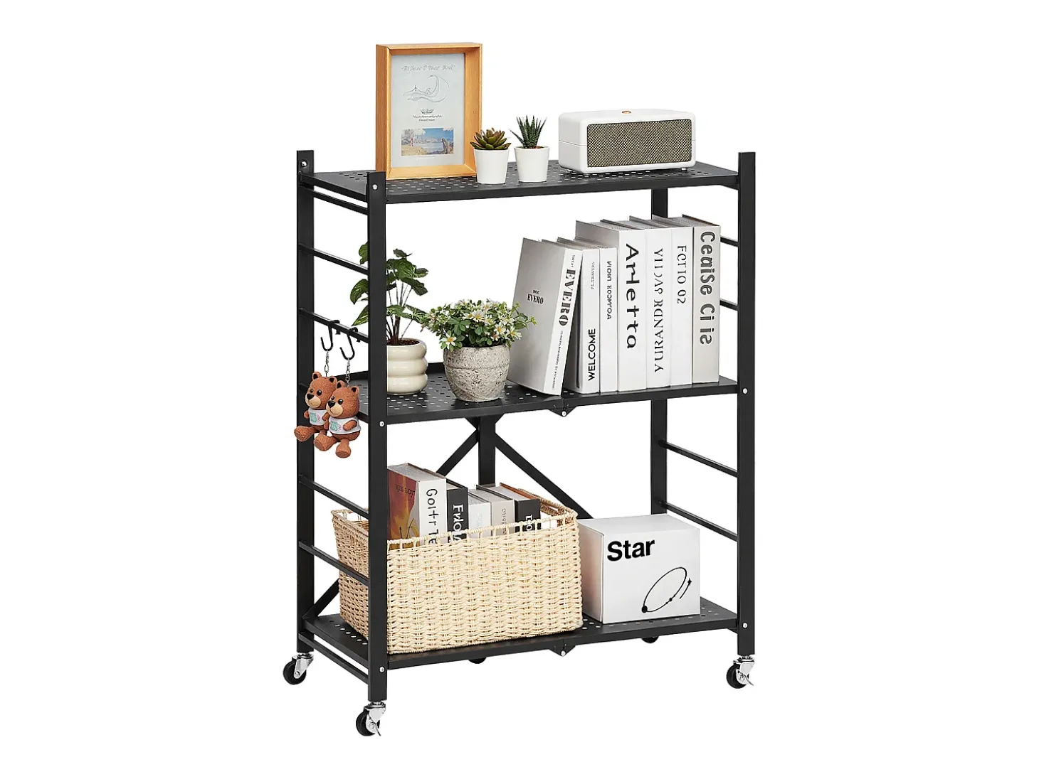 Estante Plegable SucceBuy Estantería Plegable de 3 Niveles, 71 x 33 x 91 cm, Metal Resistente, con Ruedas y Ganchos, para Despensa, Cocina. Color Negro