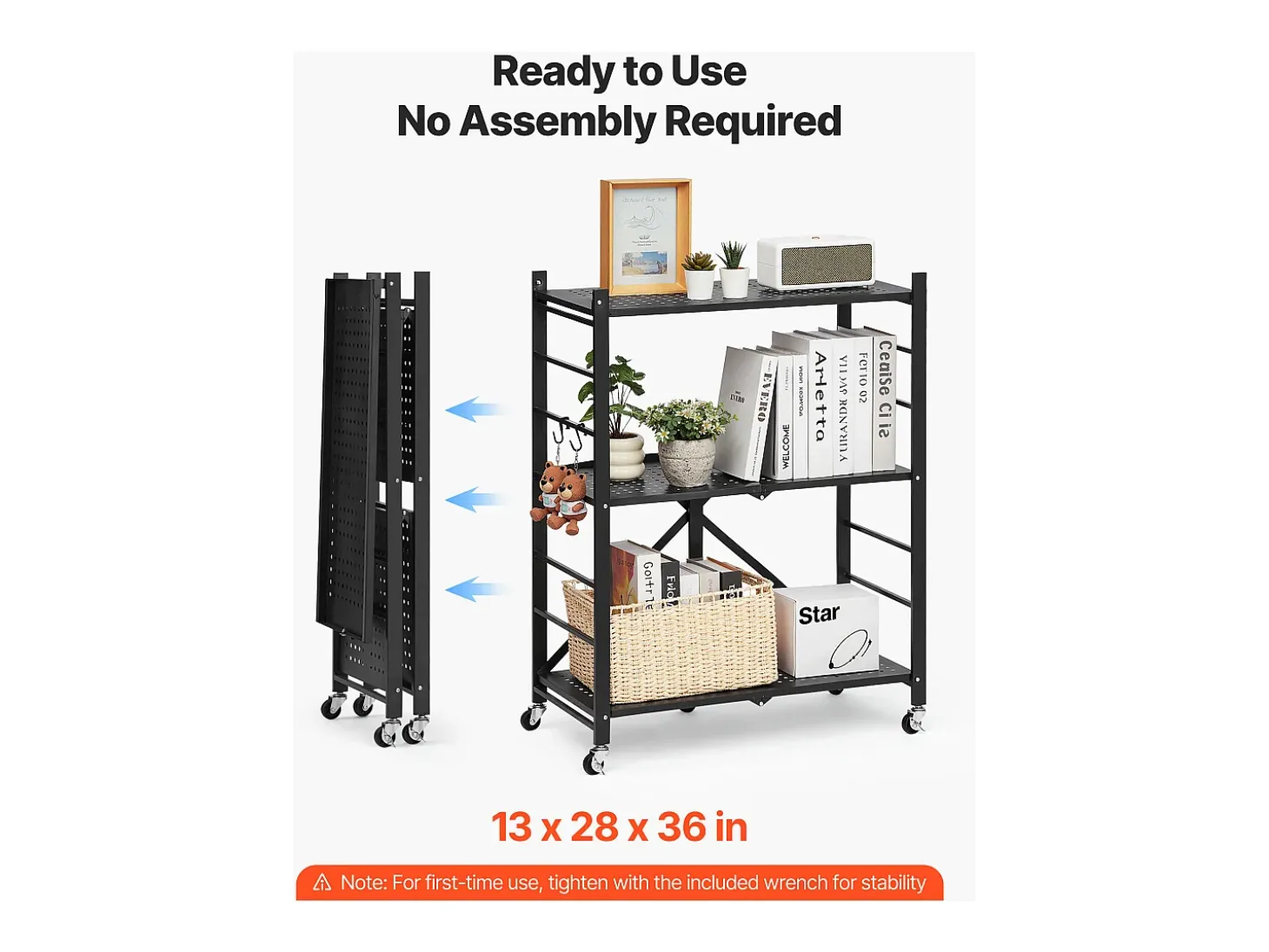 Estante Plegable SucceBuy Estantería Plegable de 3 Niveles, 71 x 33 x 91 cm, Metal Resistente, con Ruedas y Ganchos, para Despensa, Cocina. Color Negro