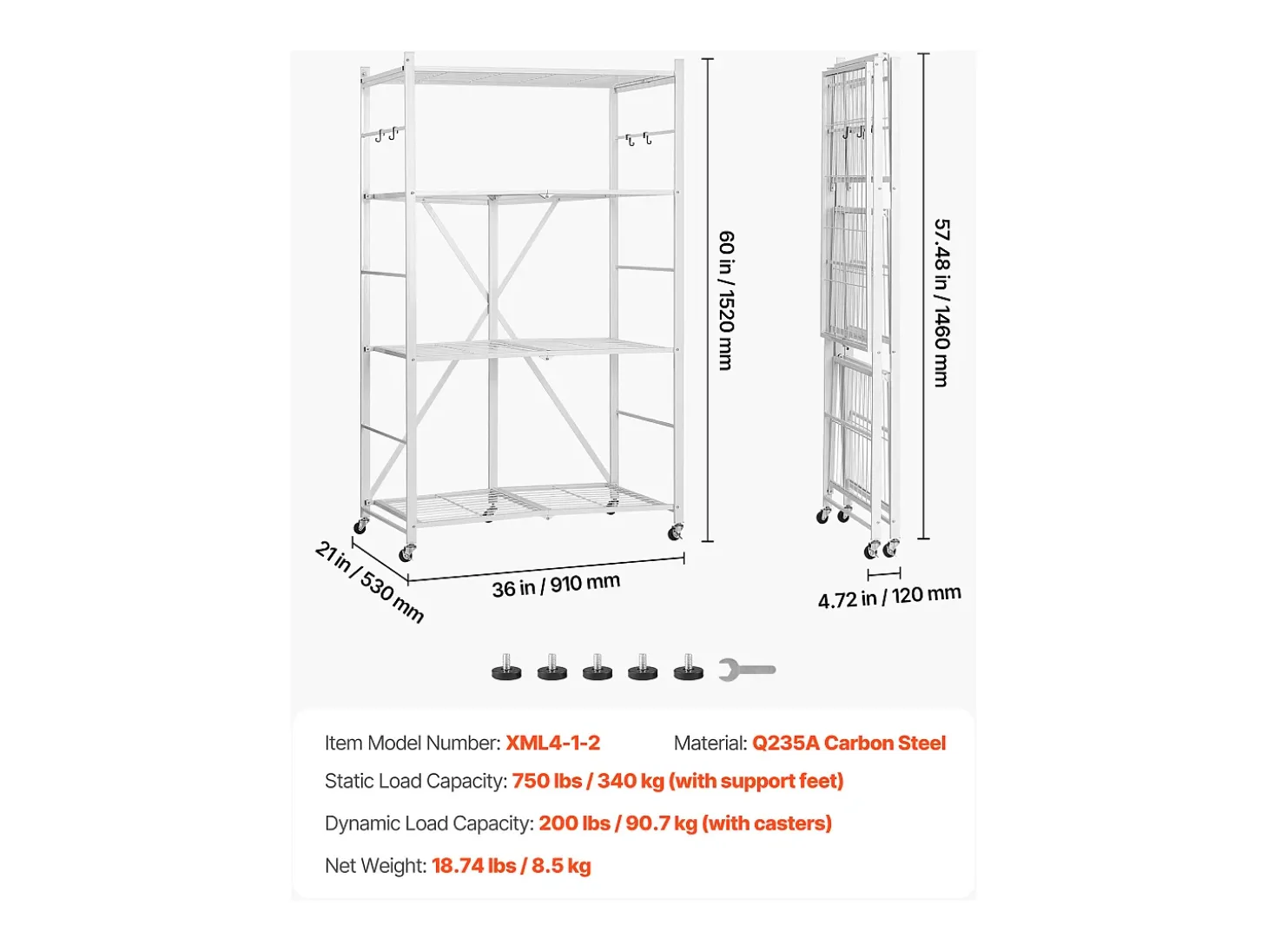 Estante Plegable SucceBuy Estantería Plegable Móvil de 4 Niveles, 91 x 53 x 152 cm, Estructura Metálica Robusta, Capacidad Estática de 340 kg y Dinámica de 90,7 kg