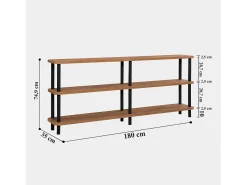 Estantería baja de diseño SOFIE 180 cm madera natural y patas negras, 3 estantes melaminados, montaje sin herramientas
