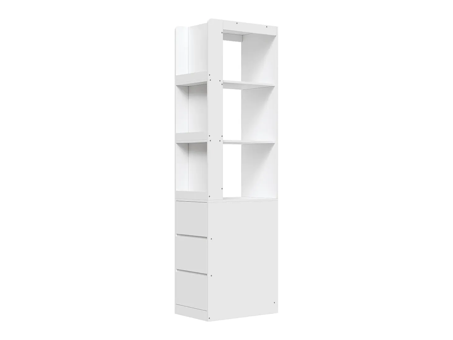 Estantería de 200 cm de alto - 3 estantes abiertos y 3 cajones - Puede colocarse a la izquierda o a la derecha - Paneles de partículas - Blanco