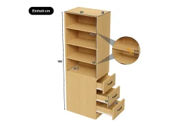 Estantería de 180 cm de alto - con 3 cajones laterales - Estantes ajustables - Reversible izquierdo/derecho - Natural