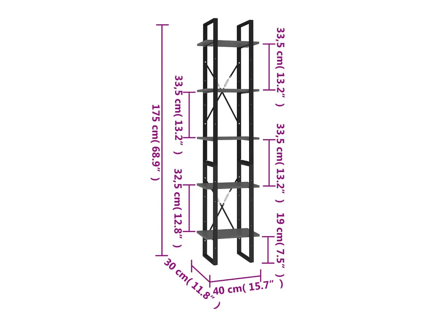 Estantería de 5 niveles madera de ingeniería gris 40x30x175 cm