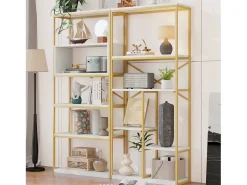Estantería de almacenaje estilo minimalista moderno - 160 x 29,5 x 180 cm - MDF + metal - blanco + dorado