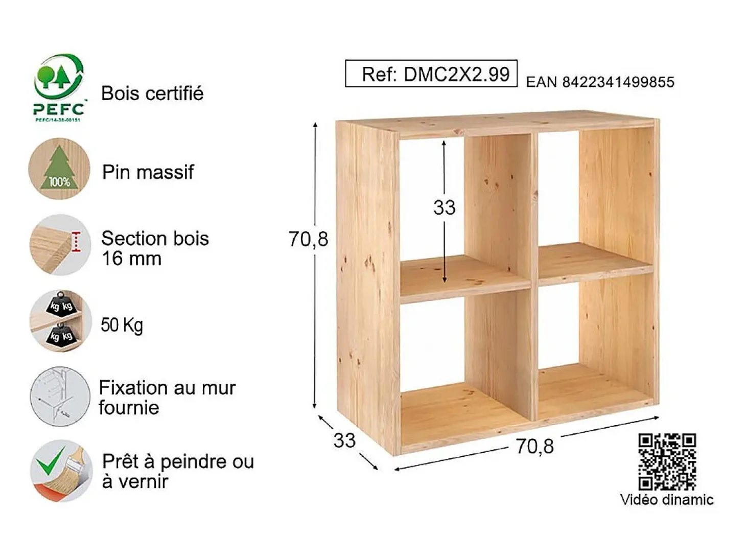 Estantería de cubos de madera cruda Dinamic 4 espacios