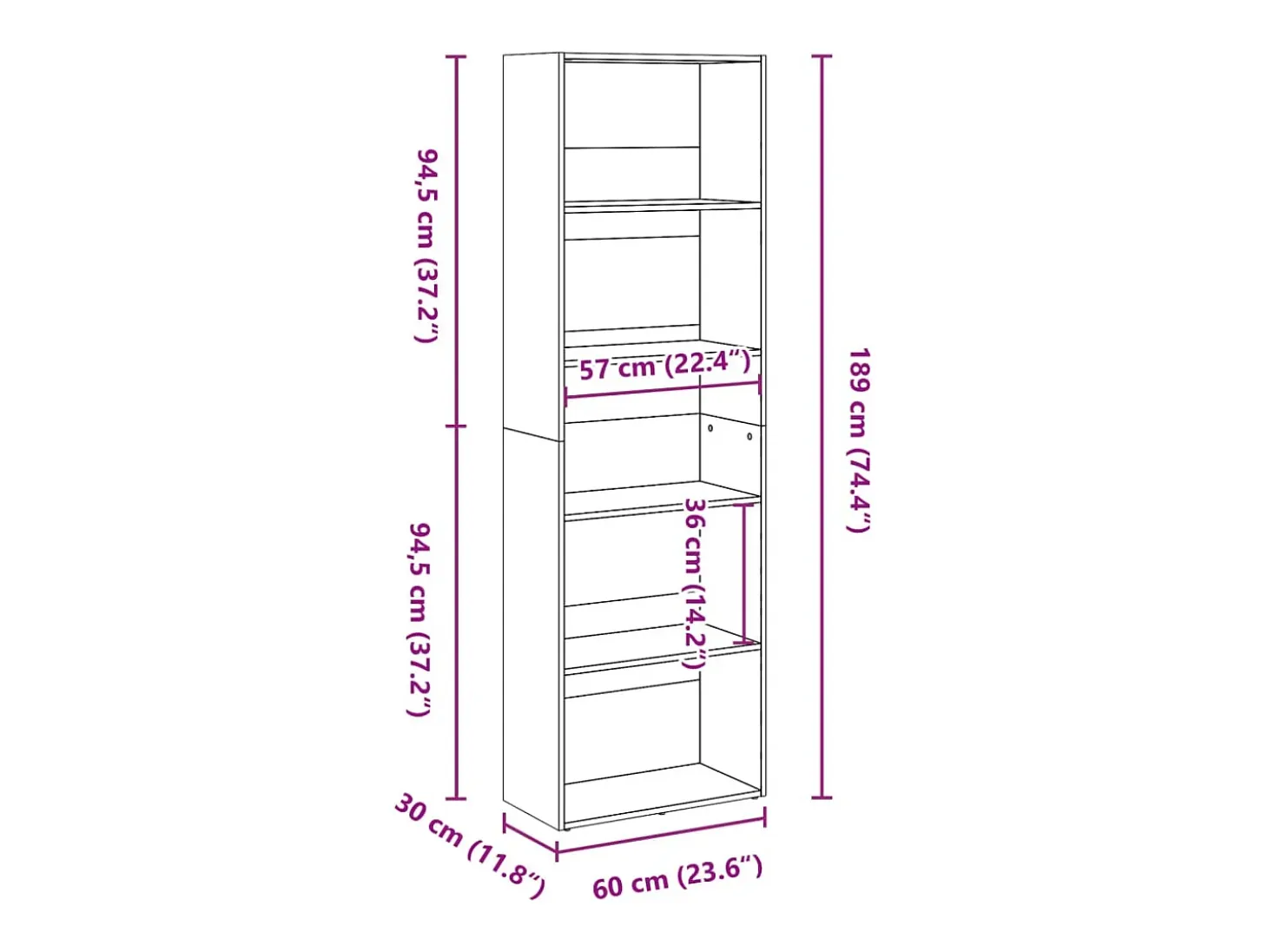 Estantería de madera de ingeniería gris Sonoma 60x30x189 cm