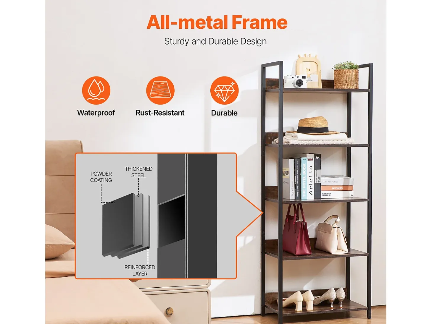 Estantería de Metal Abierta SucceBuy de 5 Niveles para Sala de Estar, Dormitorio y Oficina