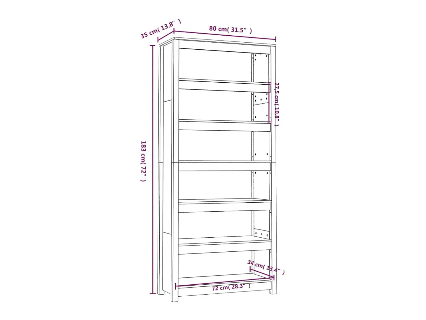 Estantería madera maciza de pino gris 80x35x183 cm