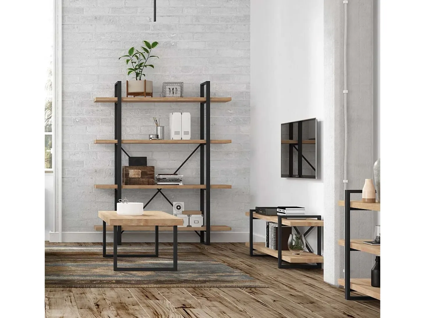 Estantería Plank 4 estantes metal roble nordish/negro 180x150x30 cm Adec