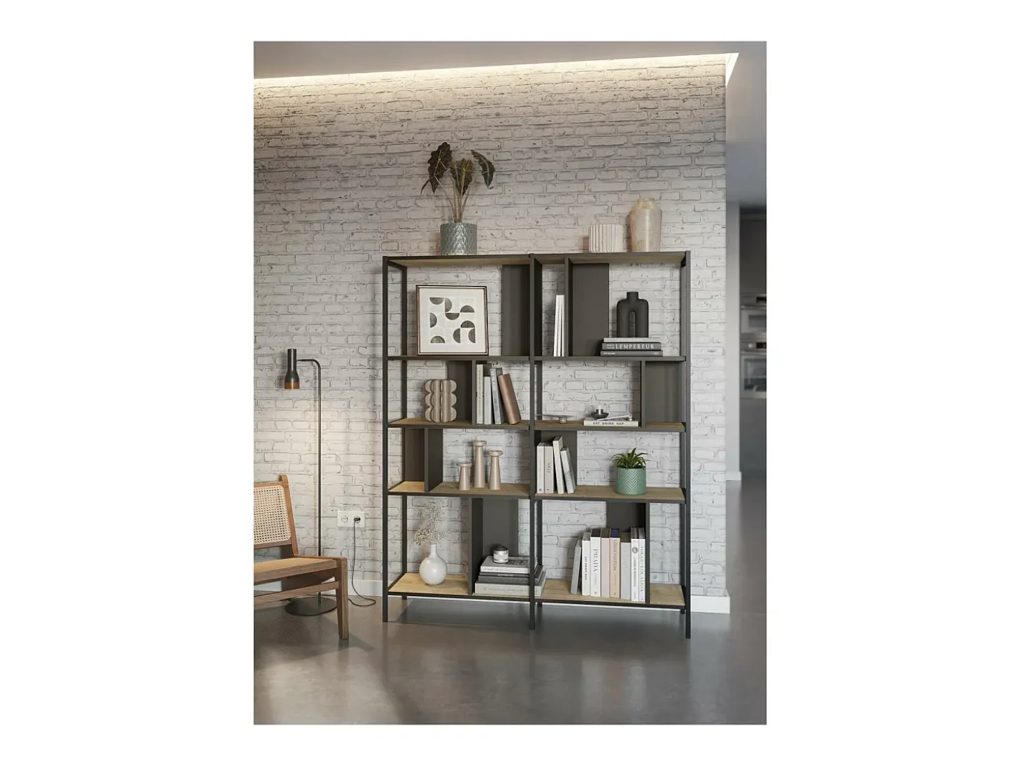 Estantería varios estantes modelo Amaya-144 acabado roble/negro, 175cm(alto) 144cm(ancho)