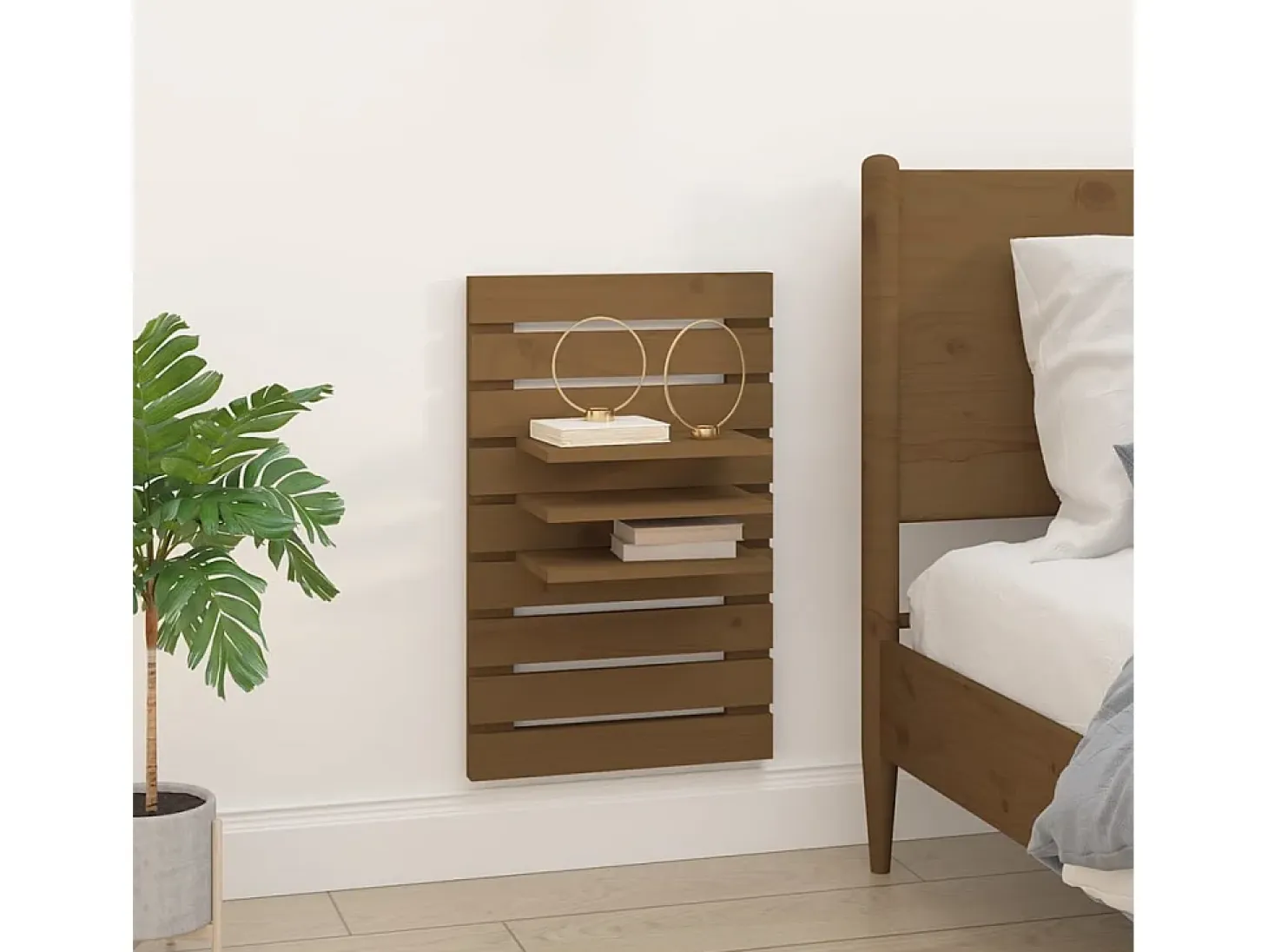 Estantes de noche de pared de madera maciza de pino marrón miel, 2 unidades