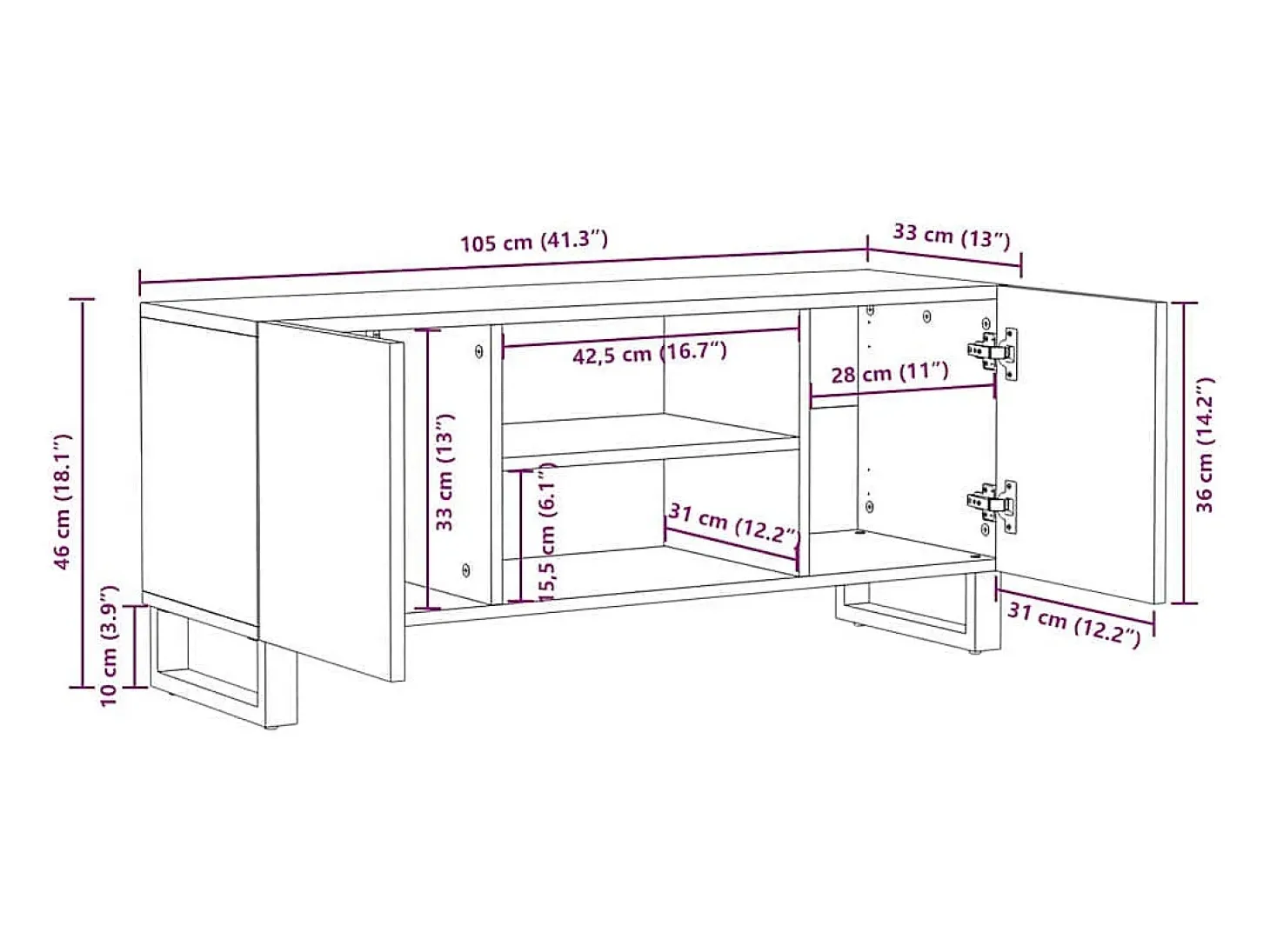 Gabinete de TV Marrón 105 x 33 x 46 cm madera maciza de mango