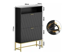 Gabinete de zapatos, con 2 puertas de subcontratación y 1 estante abierto, antiinclinado, negro, 80x24x117cm de diseño