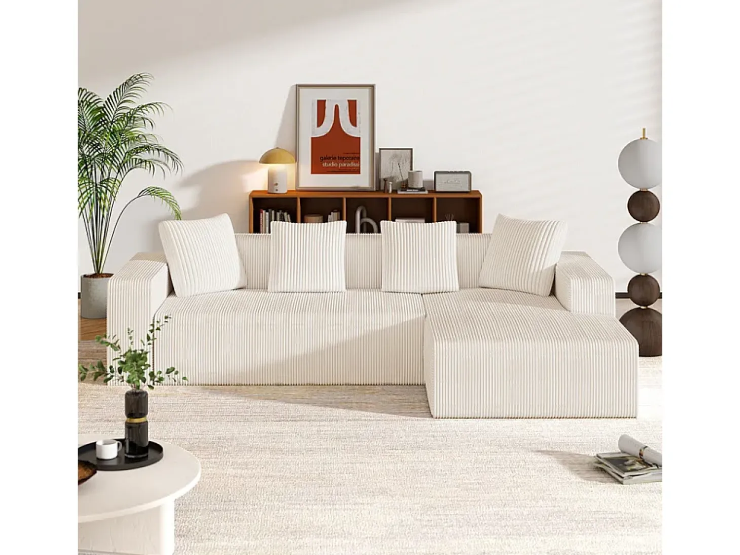 Gran sofá angular recto modular, de pana, con 4 cojines, sin montaje requerido, 261x146x65cm, Blanco