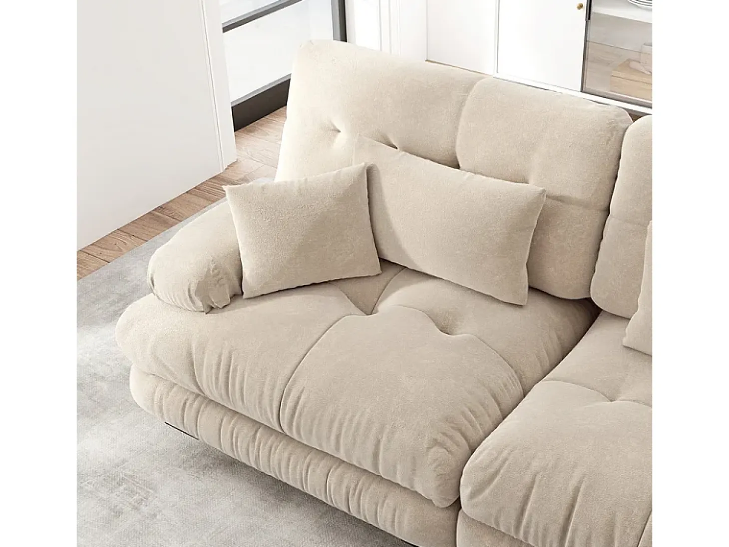 Gran sofá beige - 3 plazas - con 5 cojines - estructura madera maciza - Felpa - 313x77x81cm
