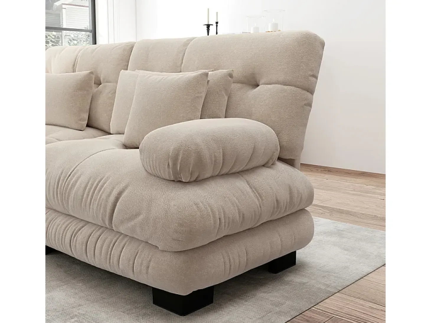 Gran sofá beige - 3 plazas - con 5 cojines - estructura madera maciza - Felpa - 313x77x81cm