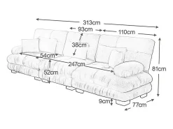 Gran sofá beige - 3 plazas - con 5 cojines - estructura madera maciza - Felpa - 313x77x81cm