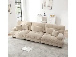 Gran sofá beige - 3 plazas - con 5 cojines - estructura madera maciza - Felpa - 313x77x81cm