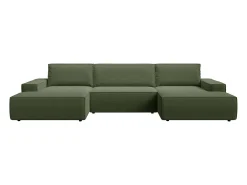 Gran sofá cama rinconera panorámico de tela verde AMELIA