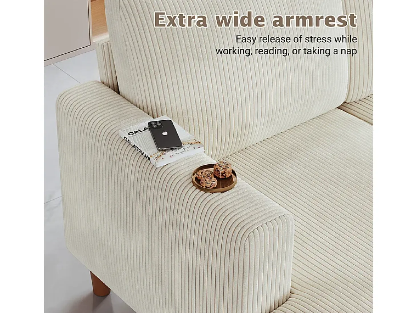 Gran sofá de esquina panorámico - 4 plazas - chaise longue 109cm - de pana - 269x140x86 - Beige