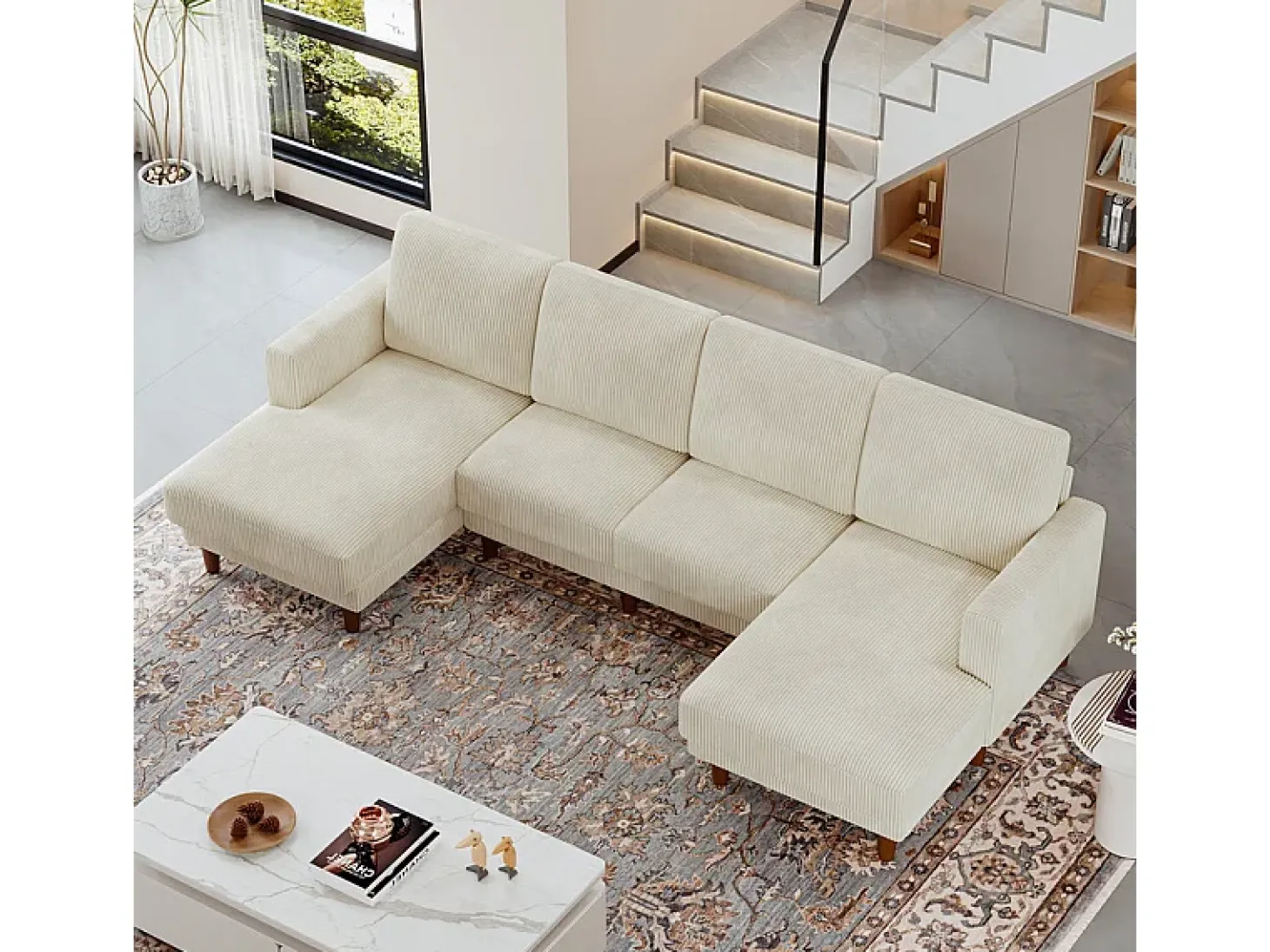 Gran sofá de esquina panorámico - 4 plazas - chaise longue 109cm - de pana - 269x140x86 - Beige