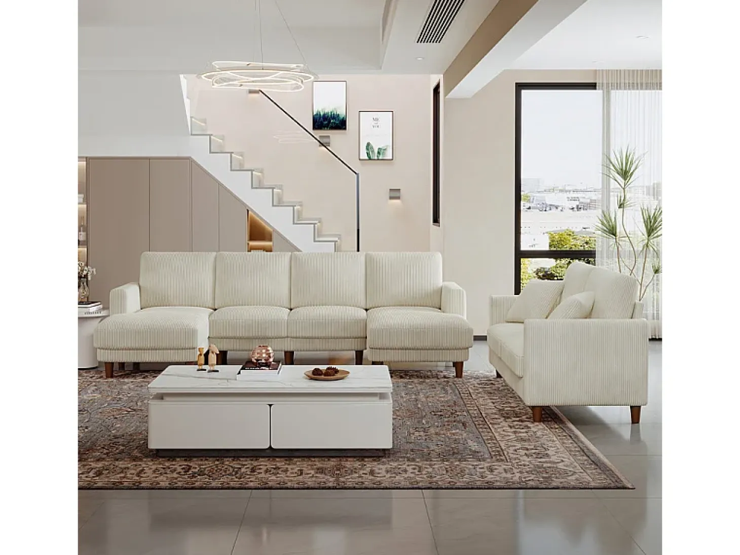 Gran sofá de esquina panorámico - 4 plazas - chaise longue 109cm - de pana - 269x140x86 - Beige