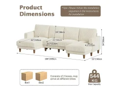 Gran sofá de esquina panorámico - 4 plazas - chaise longue 109cm - de pana - 269x140x86 - Beige
