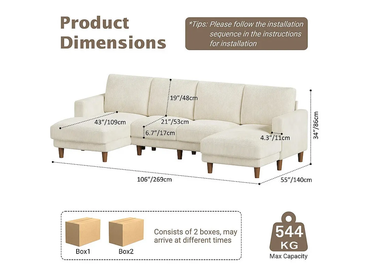 Gran sofá de esquina panorámico - 4 plazas - chaise longue 109cm - de pana - 269x140x86 - Beige