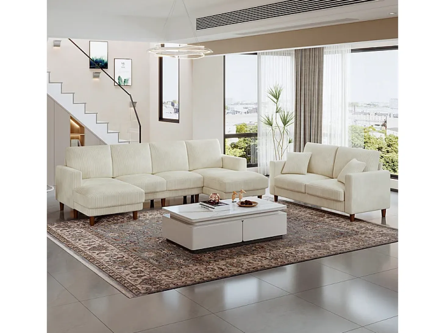 Gran sofá de esquina panorámico - 4 plazas - chaise longue 109cm - de pana - 269x140x86 - Beige