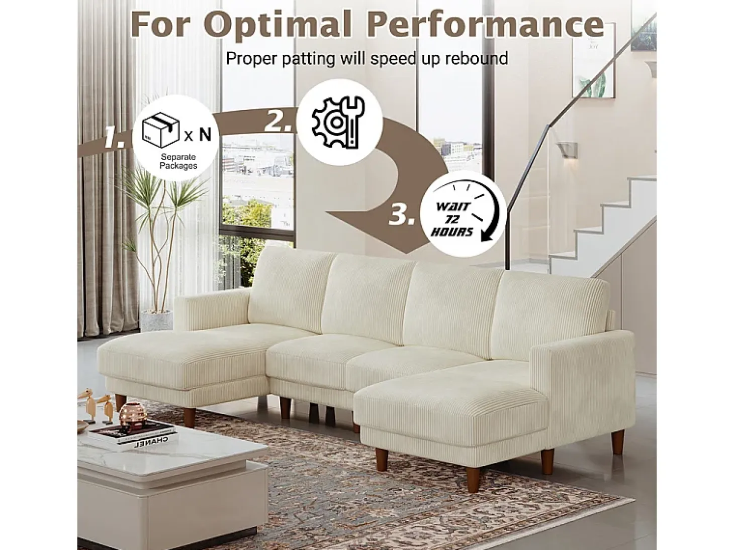 Gran sofá de esquina panorámico - 4 plazas - chaise longue 109cm - de pana - 269x140x86 - Beige