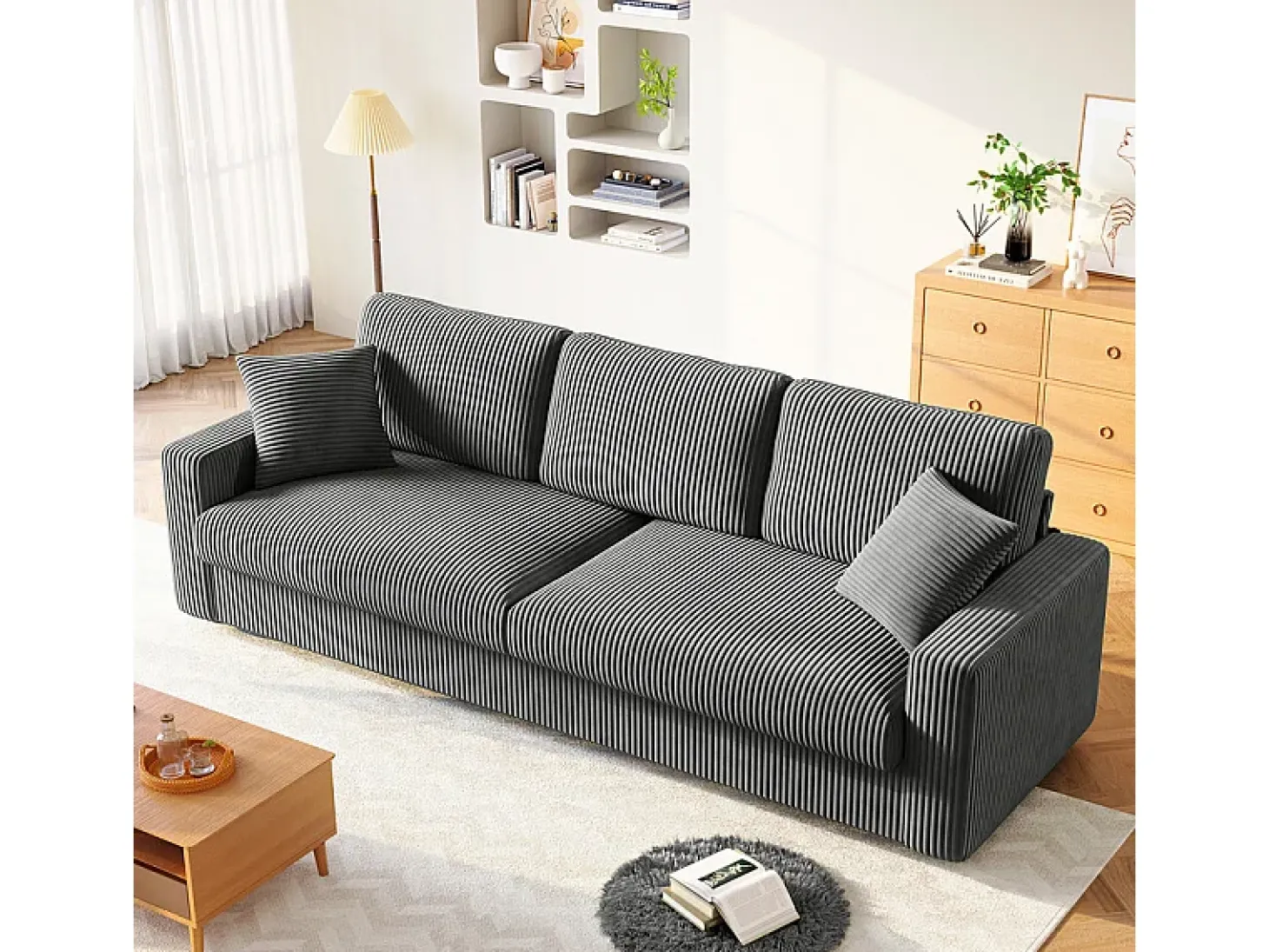 Gran sofá en terciopelo acanalado con 2 cojines - Gris - 256 x 89 x 88 cm