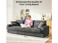Gran sofá en terciopelo acanalado con 2 cojines - Gris - 256 x 89 x 88 cm