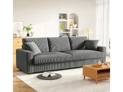 Gran sofá en terciopelo acanalado con 2 cojines - Gris - 256 x 89 x 88 cm