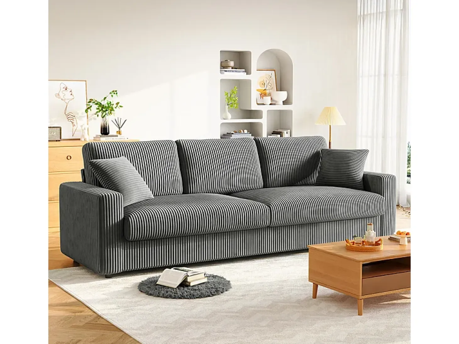 Gran sofá en terciopelo acanalado con 2 cojines - Gris - 256 x 89 x 88 cm