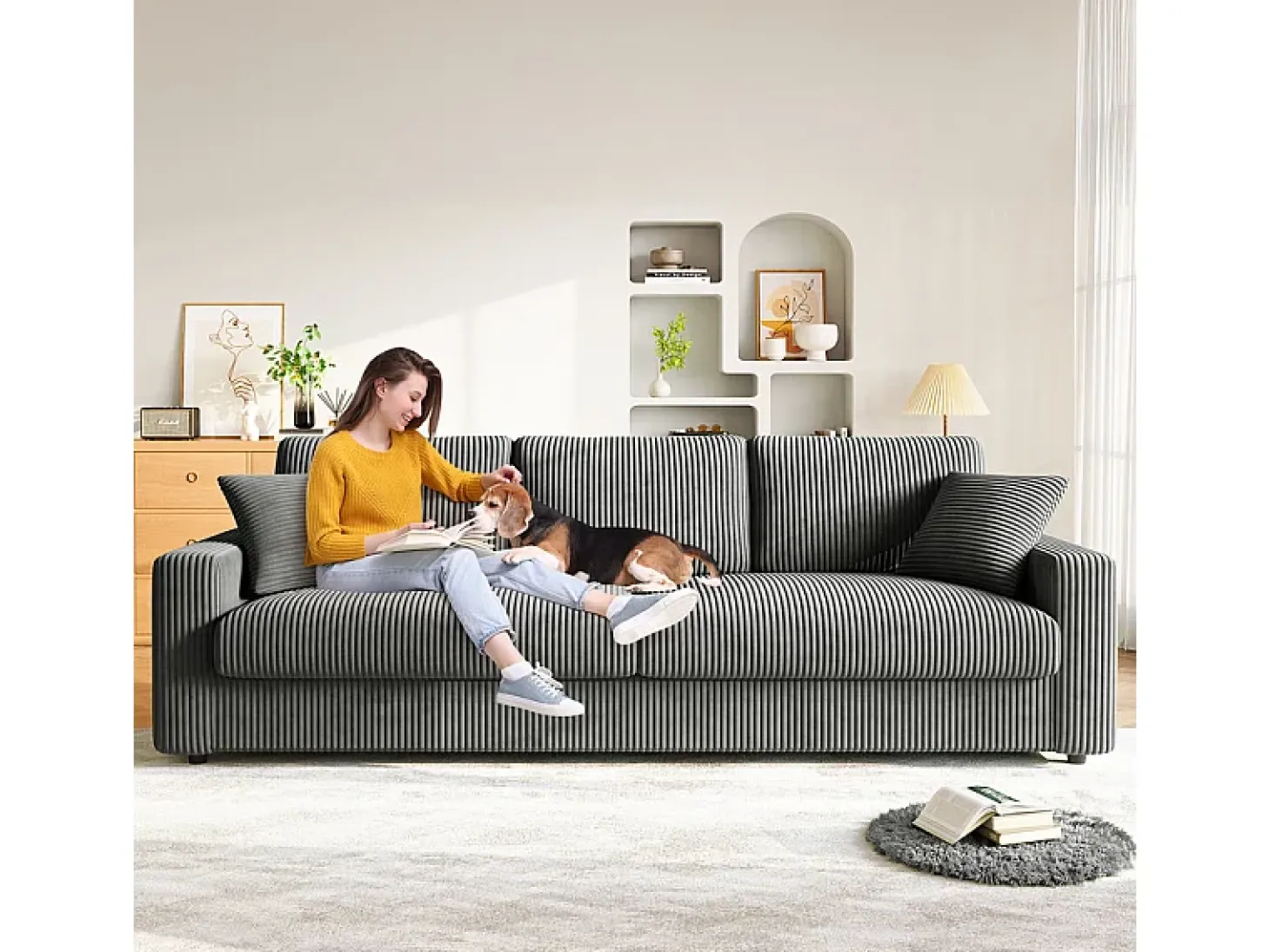 Gran sofá en terciopelo acanalado con 2 cojines - Gris - 256 x 89 x 88 cm
