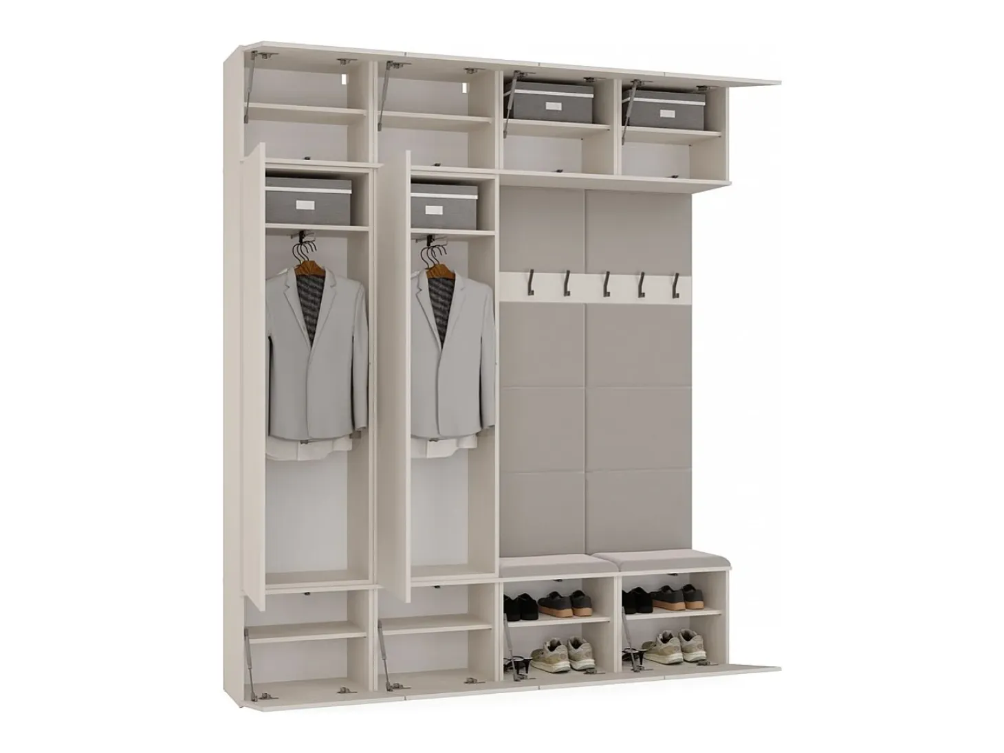 HAGA - Conjunto de entrada con 2 armarios + 2 percheros de 6 ganchos + banco 200x35x238 cm - beige cachemira