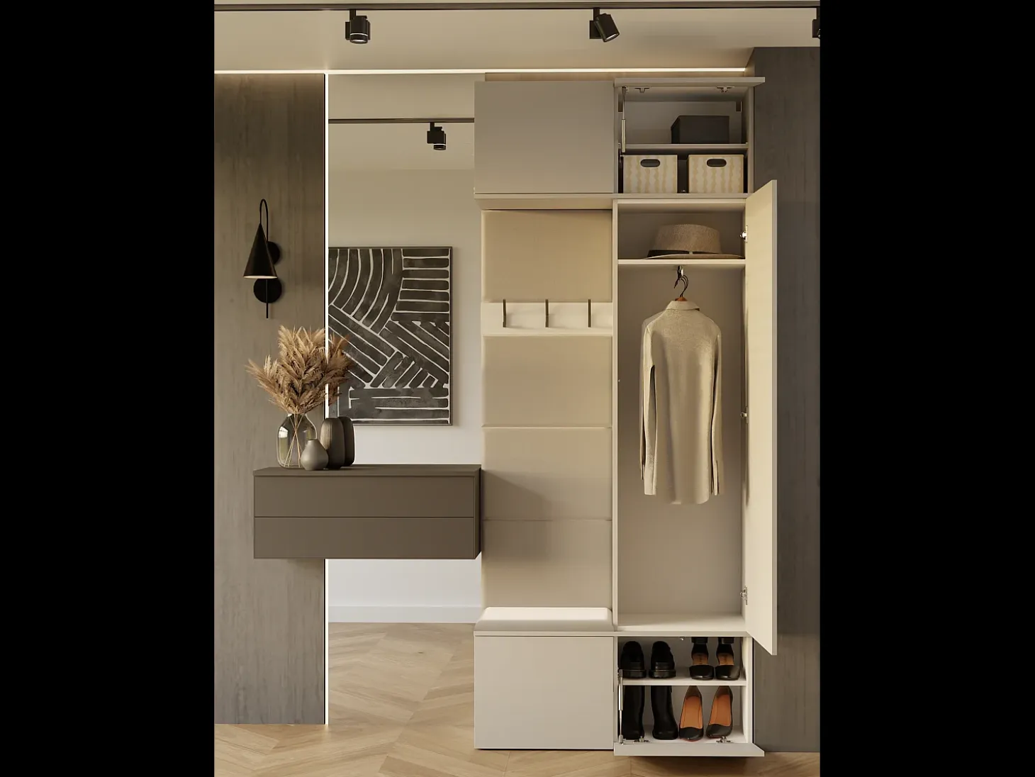 HAGA - Perchero de 3 ganchos y armario - Vestíbulo con asiento 238x100x35 cm - Beige cachemira