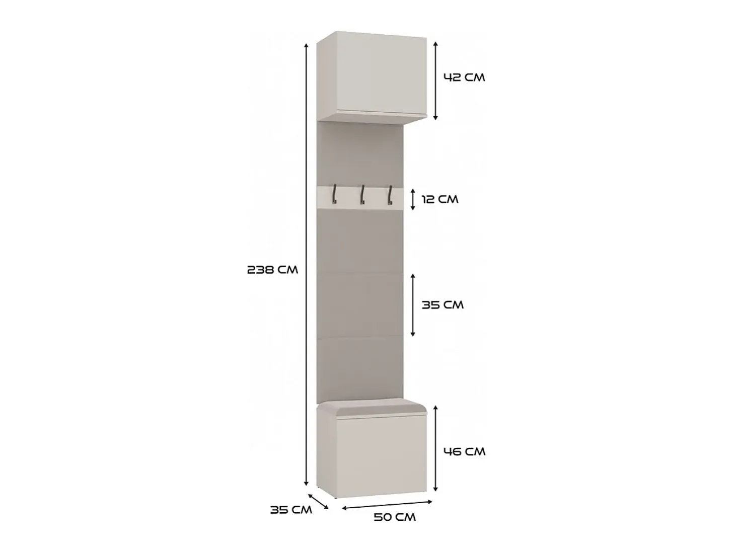 HAGA - Perchero de 3 ganchos y armario - Vestíbulo con asiento 238x100x35 cm - Beige cachemira
